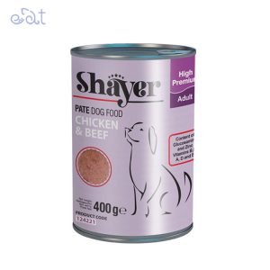 کنسرو سگ با طعم مرغ و گوشت قرمز برند شایر Shayer وزن 400 گرم