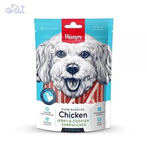 تشویقی سگ ونپی با طعم مرغ و ماهی Wanpy Chicken Jerky And Cod Fish Sandwiches وزن 100 گرم