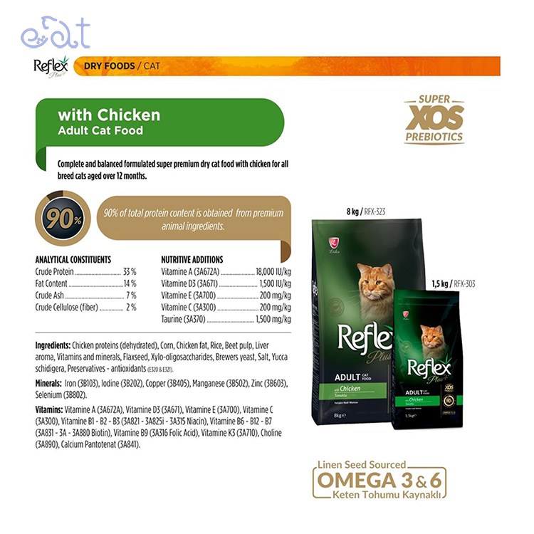 p5.3 غذای خشک گربه بالغ طعم مرغ رفلکس پلاس مدل Reflex Plus Adult Chiken وزن 1.5 کیلوگرم