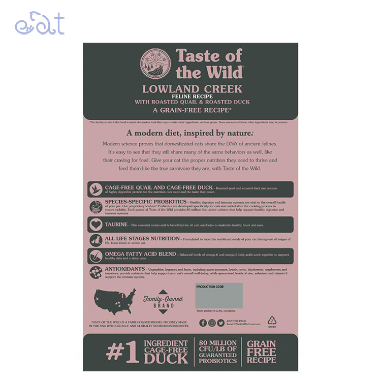 p8.2 غذای خشک گربه تیست اف د وایلد با طعم بلدرچین و اردک کبابی مدل Taste Of The Wild Lowland Creek Feline Recipe Cat Food وزن 2 کیلوگرم