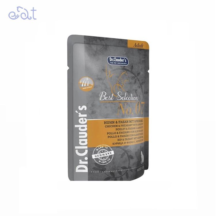 p5.1 پوچ گربه دکتر کلادرز با طعم مرغ ، قرقاول و زردآلو مدل Dr.clauders Chicken & Pheasant & Apricot وزن 85 گرم