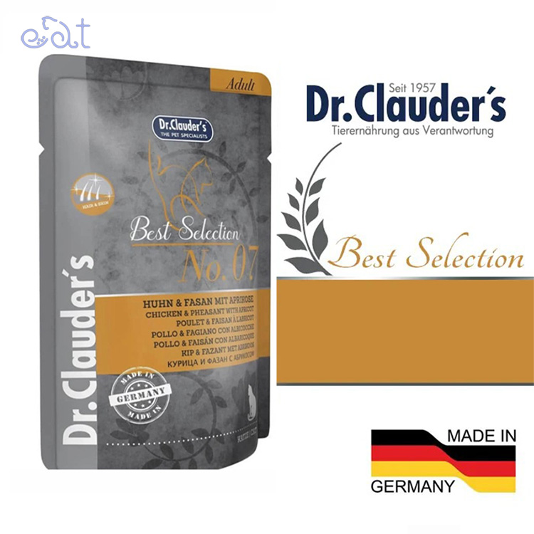 p5.2 پوچ گربه دکتر کلادرز با طعم مرغ ، قرقاول و زردآلو مدل Dr.clauders Chicken & Pheasant & Apricot وزن 85 گرم