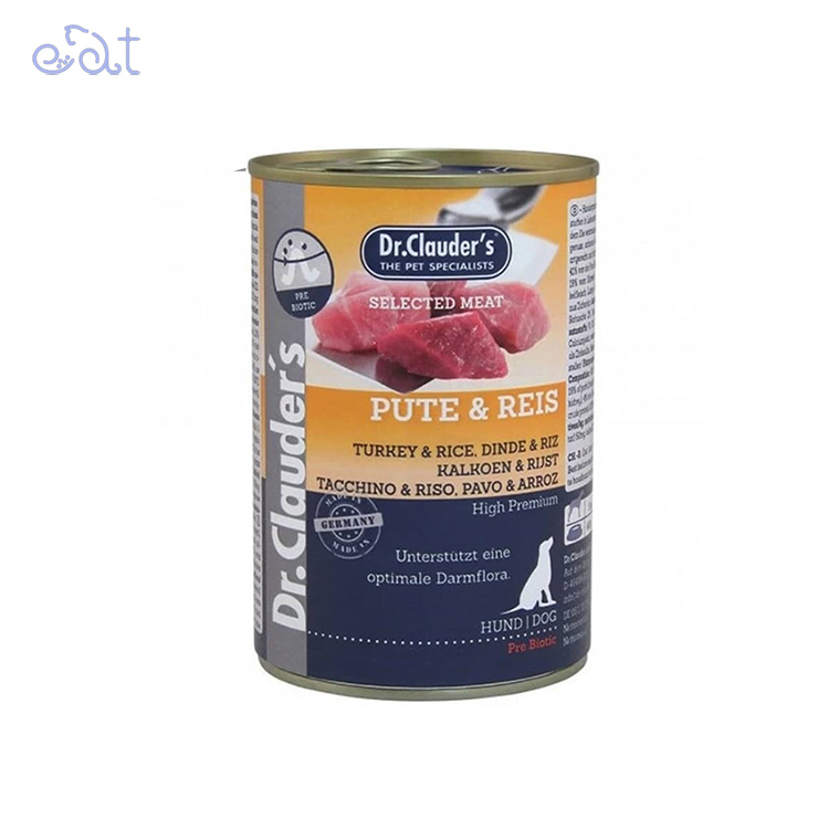 p8.1 کنسرو سگ دکتر کلادرز با طعم بوقلمون و برنج مدل Dr.Clauder´s Canned Food turkey & Rise وزن 400 گرم