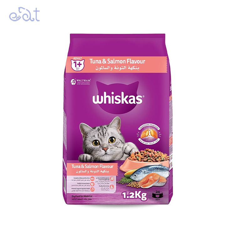 p6.1 غذای خشک گربه بالغ با طعم ماهی تن و ماهی سالمون مدل Whiskas Adult Cat Tuna & Salmon وزن 1.2 کیلوگرم