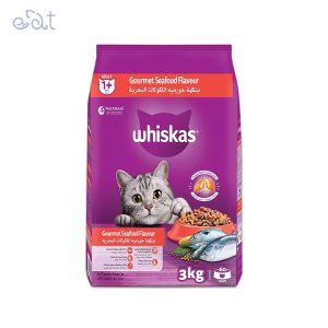 غذای خشک گربه بالغ با طعم غذاهای دریایی مدل Whiskas Adult Cat Gourmet Seafood وزن 3 کیلوگرم